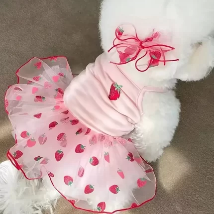 Vestido c/falda de tul y bordado de frutillas