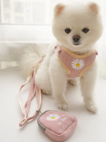 Arnes p/peludos pequeños c/mochila bordada y correa. Talle S