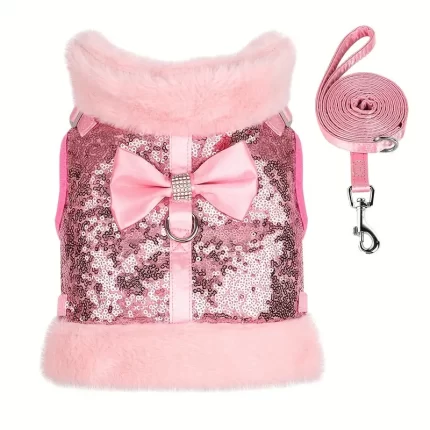 Arnes c/lentejuelas Rosa Glam c/bordes aterciopelados y moño.Trae correa. Talle S