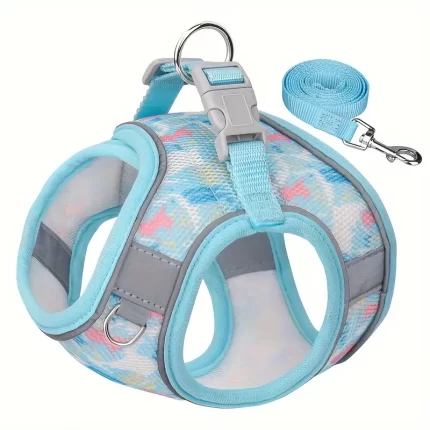Arnes celeste estampado c/correa y tiras reflectantes. Talle M