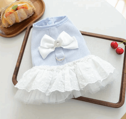 Delicado vestido celeste c/tutu de broderie y moño con strass. Talle L