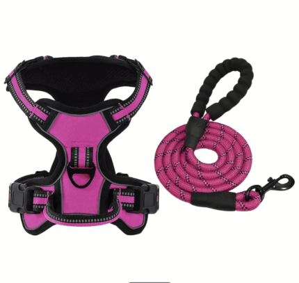 Arnes fucsia p/peludos grandes c/correa.Reflectante. Talle S