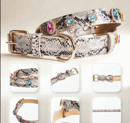 Collar simil cuero de vibora decorado c/piedras multicolores.Talle M