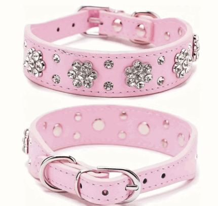 Collar cuero ecologico rosa  c/flores de piedras. Talle XS