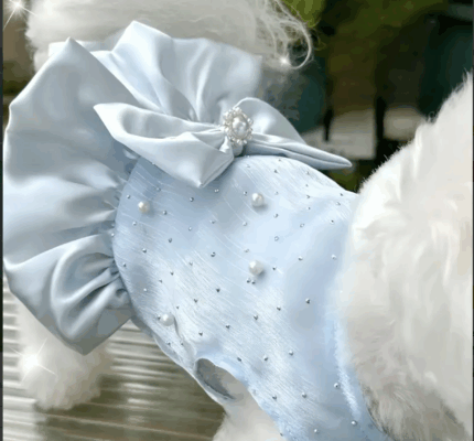 Vestido de raso celeste decorado con perlas. Talle M