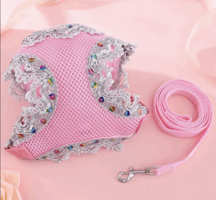 Arnes rosa decorado c/puntillas.Trae correa. talle M