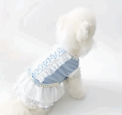 Vestido celeste de algodon decorado c/perlas y voladitos.Talle L