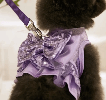 Delicado arnes de lentejuelas y raso color lavanda, decorado c/moño.No trae correa.Talle M y  L